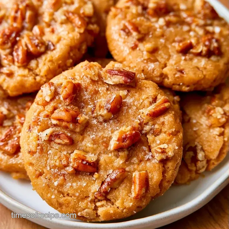 A stack of buttery, golden biscuits topped with toasted pecans, served on white marble with a linen napkin
