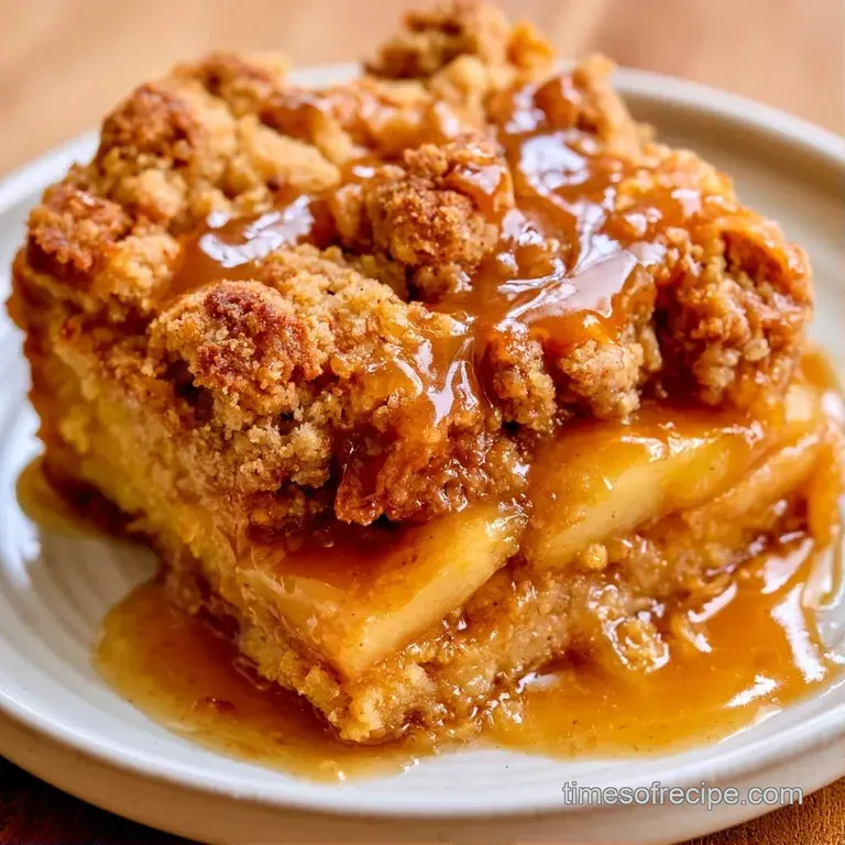 A slice of golden apple dessert on a white plate, drizzled with rich amber caramel and a dollop of cream.
