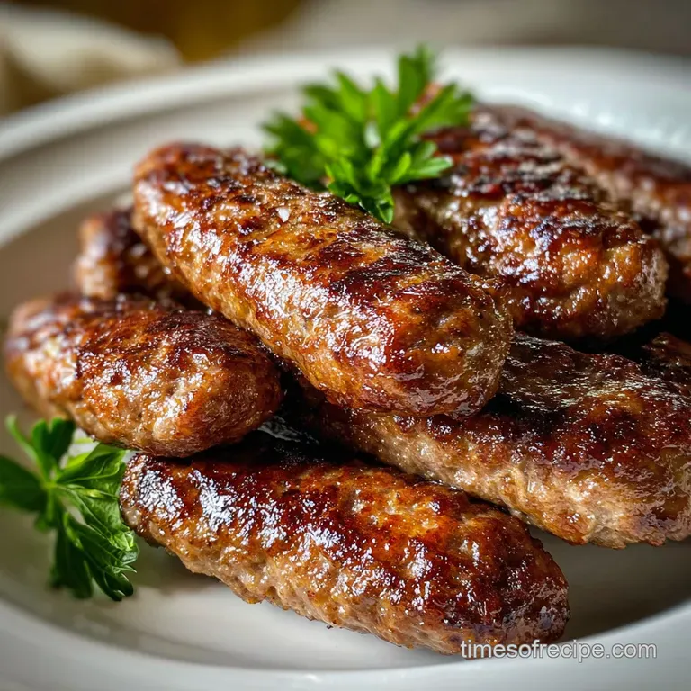 Plated cevapi with ajvar: a vibrant dish with smoky, grilled sausages, creamy sauce, and a sprinkle of fresh parsley.