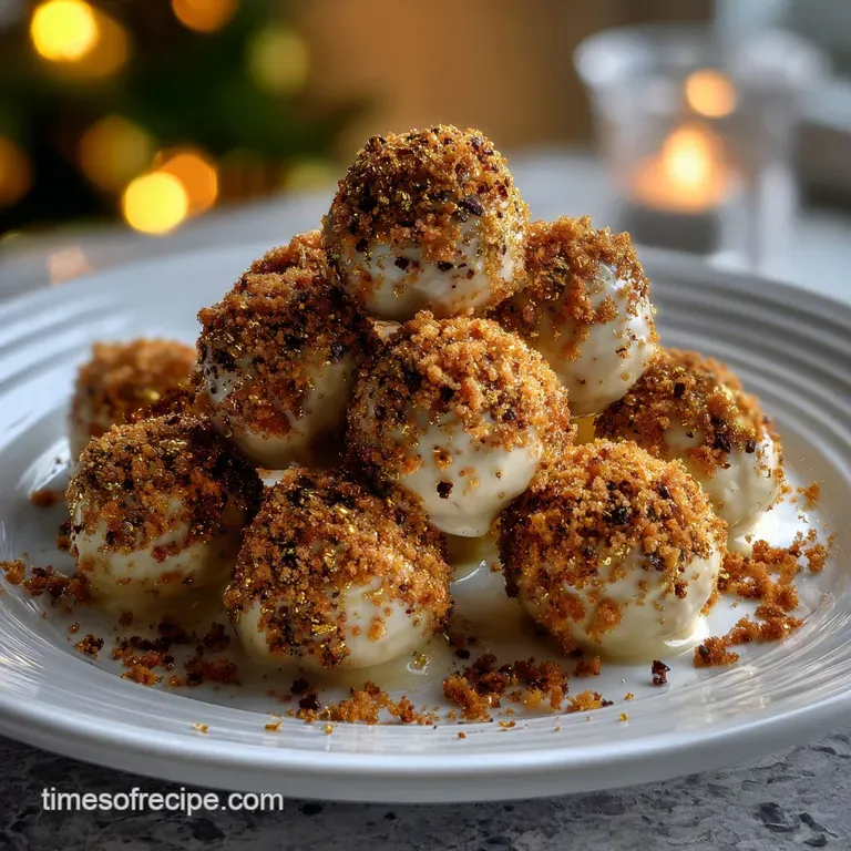 Elegant, dark chocolate truffles, artfully plated on a bed of gold edible glitter, offering a refined, decadent New Year's...