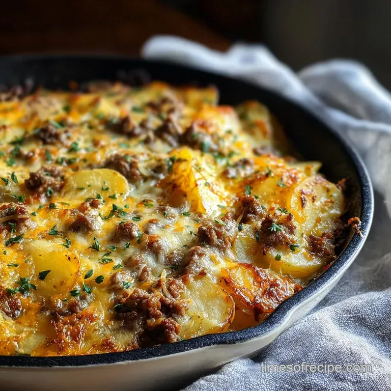 Creamy potatoes and savory beef in a skillet, sprinkled with fresh herbs. Melty cheese glistens with warmth. Delicious and...