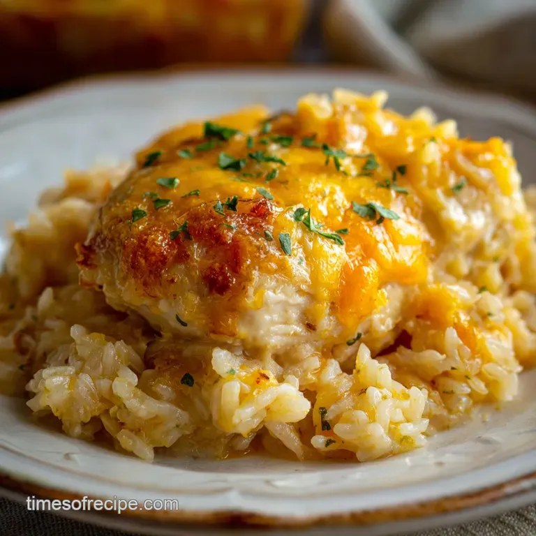 Creamy, cheesy chicken and rice casserole served in a white dish, sprinkled with parsley. Steaming, inviting, and ready to...