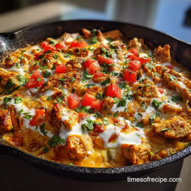 Plated portion of cheesy chicken taco skillet, steam rising, topped with sour cream and vibrant green scallions for a fres...