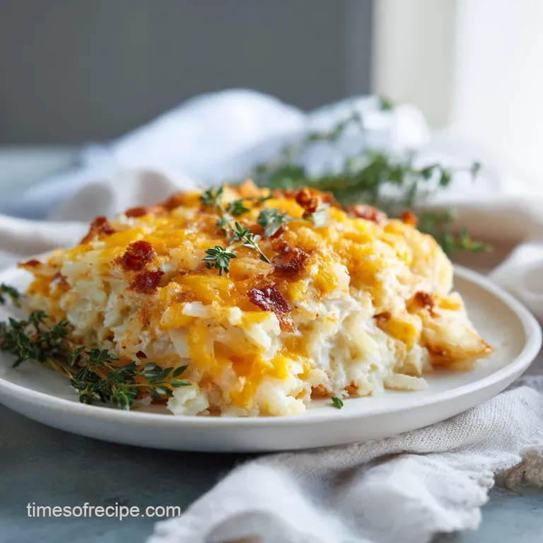 Creamy hashbrown casserole served in a rustic dish, browned and bubbling, garnished with fresh parsley. Warm and inviting ...