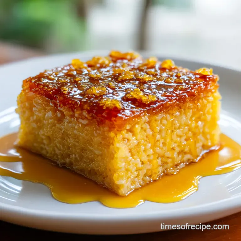 A slice of warm, dark biko rests on a white plate. The glossy rice cake contrasts with the coarse shredded coconut topping.