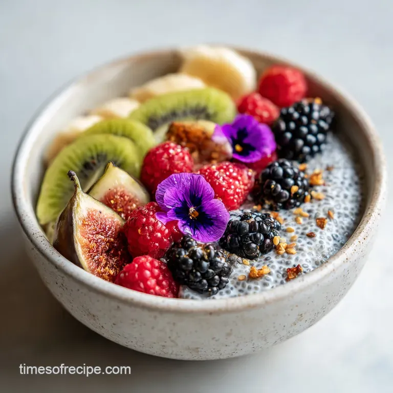 Elegant chia pudding parfait layered in a glass with fresh berries, seeds, and a delicate sprig of mint for garnish.