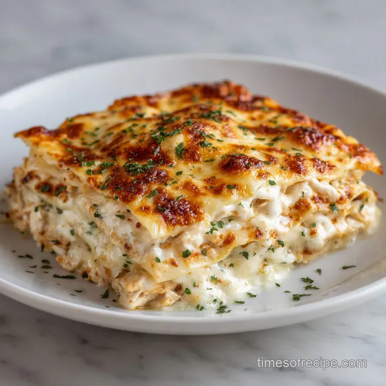 A square slice of cheesy pasta layers on a white plate, garnished with a sprig of parsley and cracked pepper.