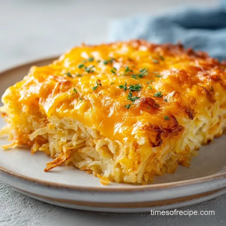 A neat square serving of creamy potato and chicken bake on a white plate, garnished with a sprig of fresh parsley.