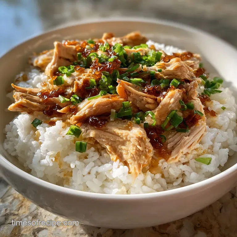 Steaming bowl of chicken long rice; tender shredded chicken and long noodles swimming in a rich, flavorful broth. Garnishe...
