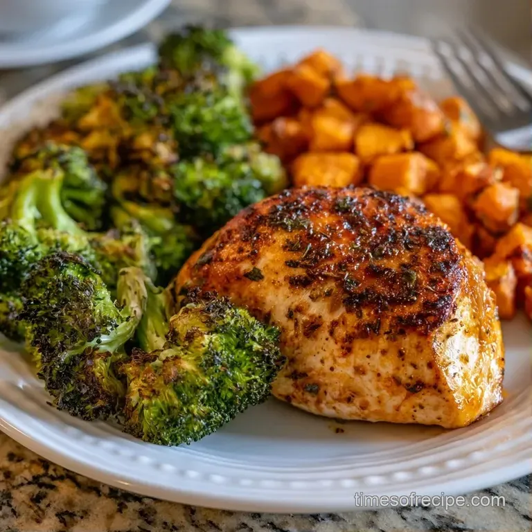 Slices of juicy roasted poultry paired with caramelised orange tubers and fresh green herbs on a ceramic plate.