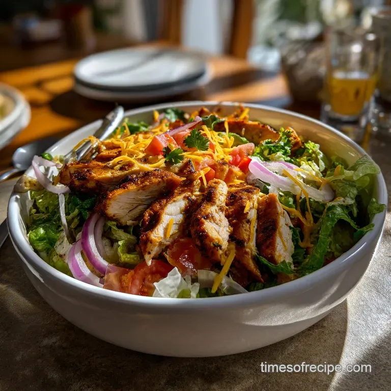 Colorful chicken taco salad plated; piled high with fresh greens, juicy tomatoes, savory chicken; topped with avocado & dr...