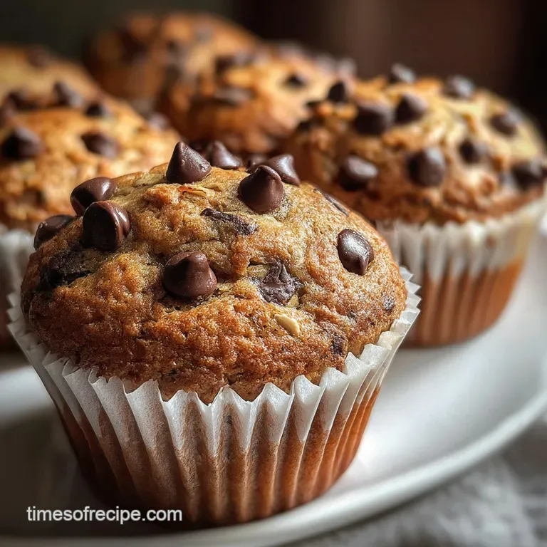 Warm chocolate chip muffins sit in a wicker basket. The coarse texture of oatmeal contrasts with smooth chocolate.