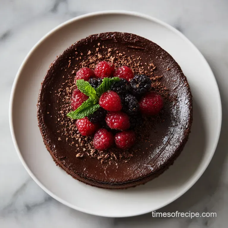 Slice of decadent fudge cake on a white plate, drizzled with dark chocolate sauce and topped with a bright red raspberry.