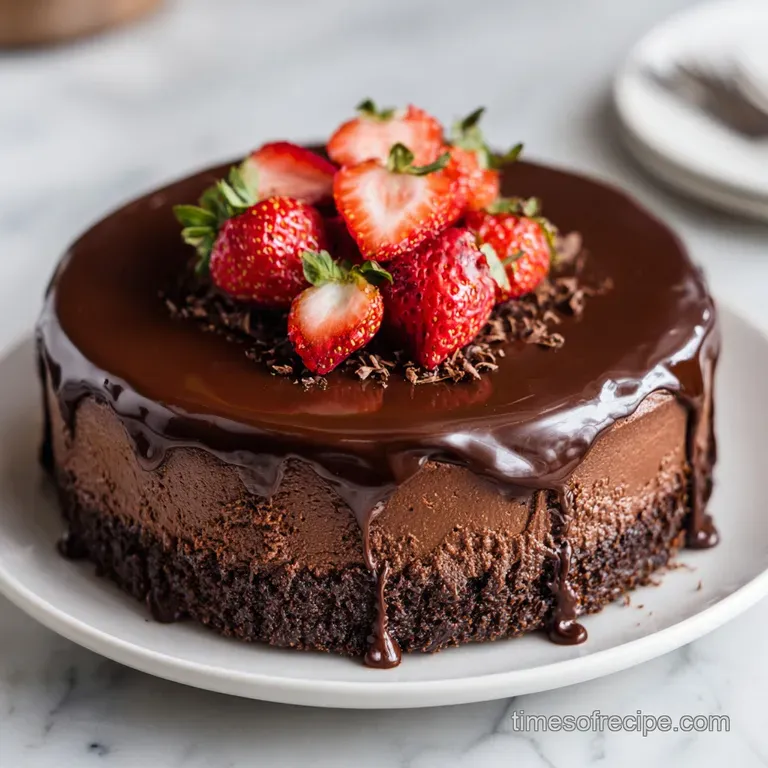 A smooth slice of chocolate mousse cake with a rich ganache drizzle on a pristine white plate, artfully garnished.