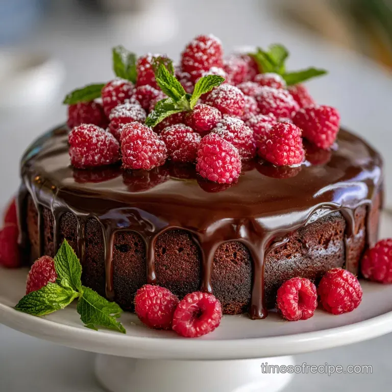 Slice of decadent chocolate cake elegantly plated with vibrant raspberries and a delicate chocolate curl, inviting and lus...