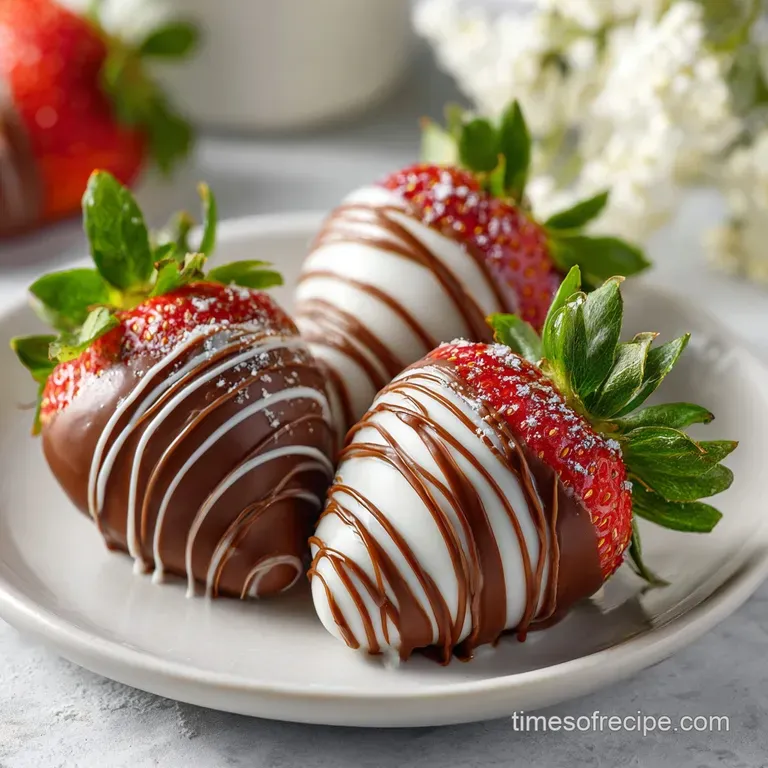 Elegant display of dark chocolate dipped strawberries, fanned out on a white plate, dusted with powdered sugar and cocoa.