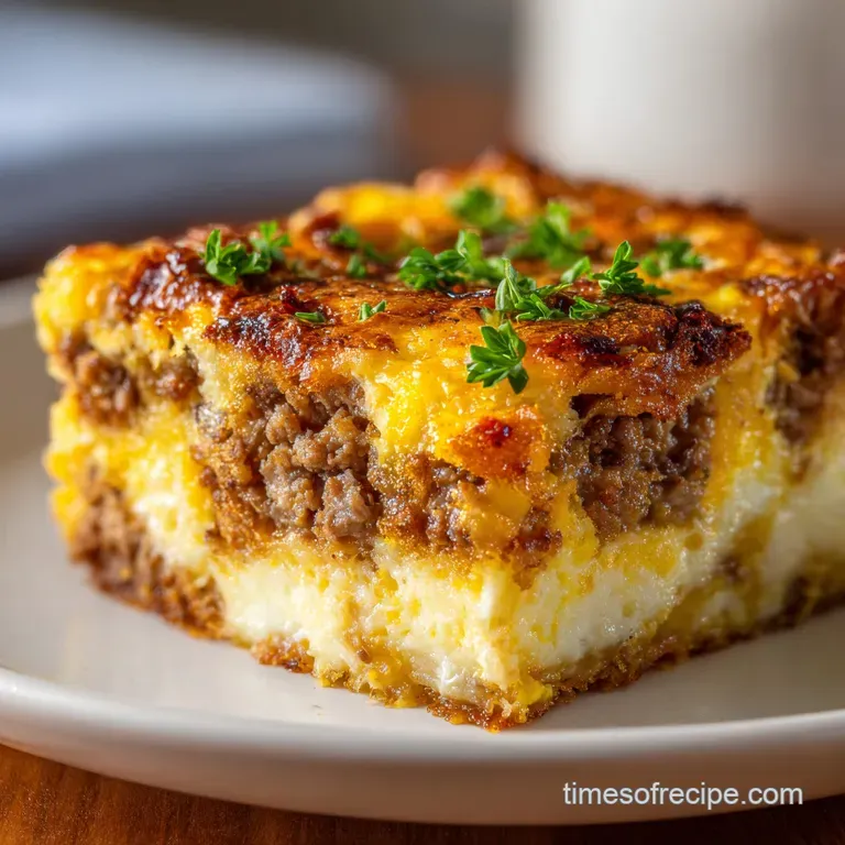 A square slice of savory egg bake topped with fresh chives on a white porcelain plate beside a sprig of rosemary.