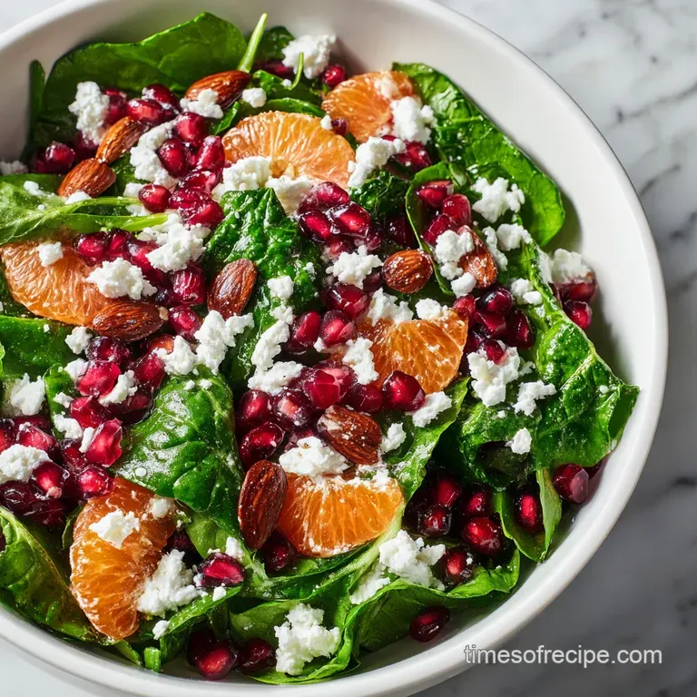 Elegantly plated garden greens with bright red pomegranate jewels and crumbled feta on a white ceramic platter.