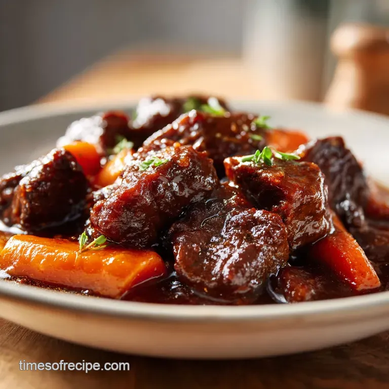 A shallow white bowl of rich beef stew with glazed carrots and pearl onions, topped with a sprinkle of fresh herbs.