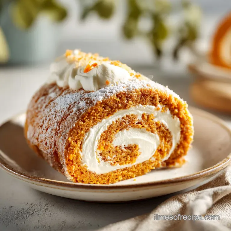 A slice of spiraled carrot cake roll, showcasing layers of moist crumb and rich cream cheese filling, artfully arranged.