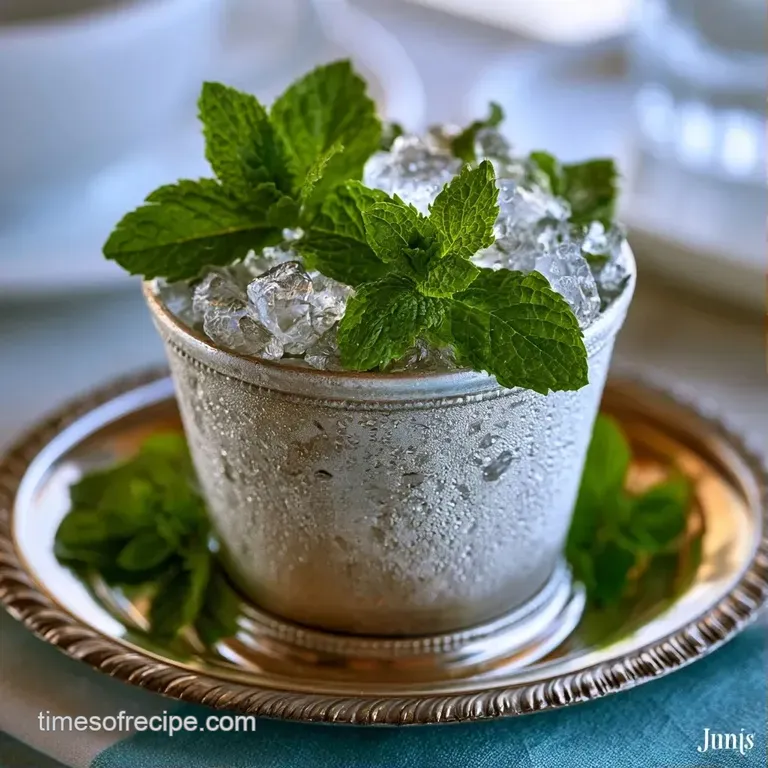 Polished copper vessel with sparkling crushed ice and a lush mint garnish set on a rustic wooden tabletop surface.
