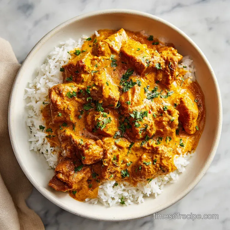 Glossy chicken tikka masala served in a shallow bowl, garnished with bright green cilantro, alongside a mound of pearly wh...