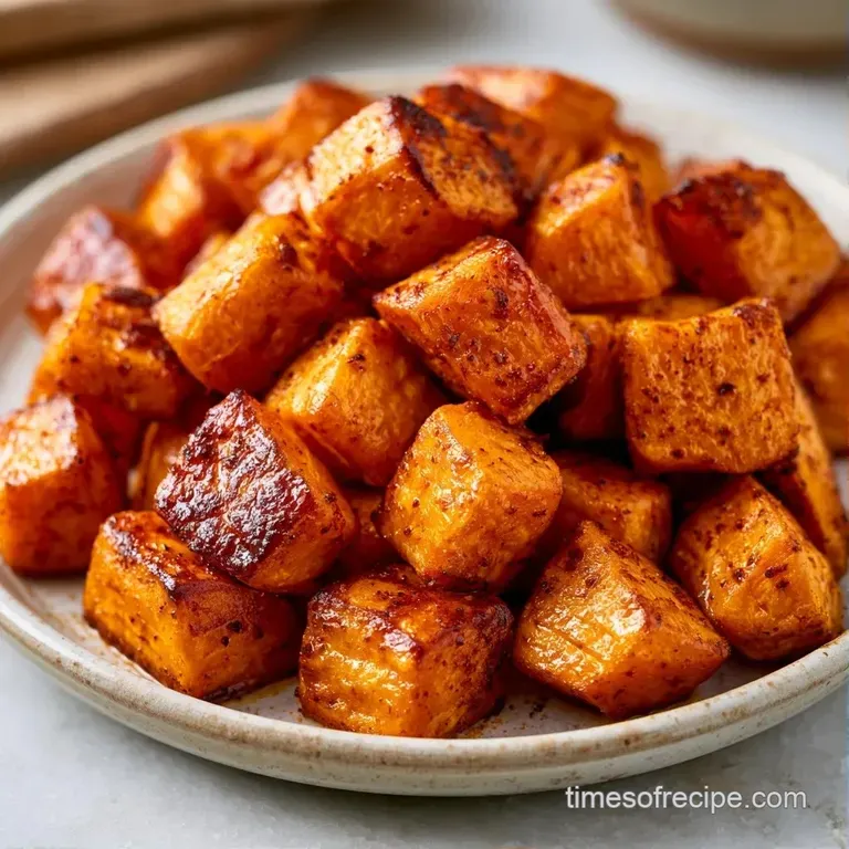 Golden-brown sweet potato cubes piled high on a ceramic platter, garnished with fresh parsley and flaky sea salt.
