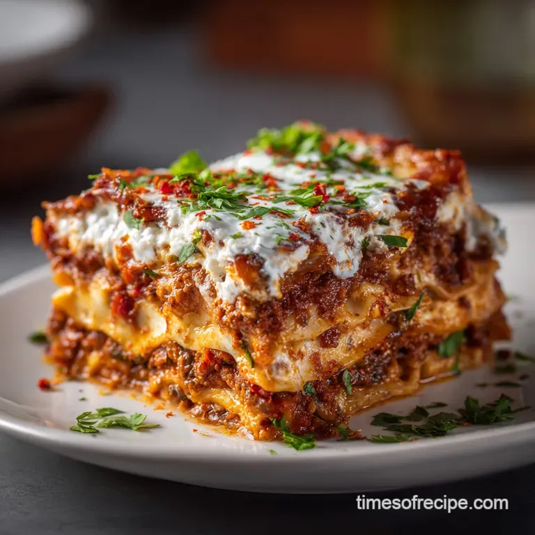 Slice of cheesy lasagna on a white plate; steam curling up. Cottage cheese visible between layers, herbs sprinkled atop.