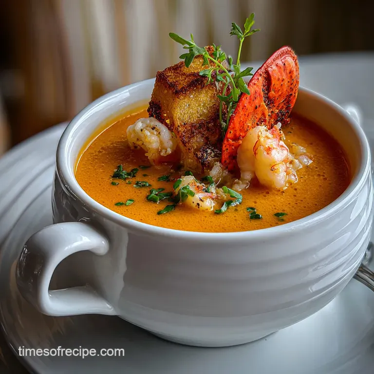 Elegant bowl of creamy seafood bisque, a vibrant orange hue, topped with delicate microgreens and a drizzle of cream.