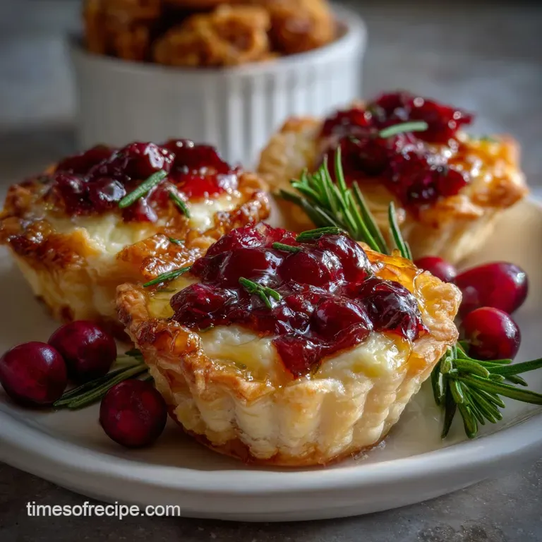 Elegant arrangement of cranberry brie tartlets on a rustic wooden board, garnished with fresh thyme sprigs and a drizzle o...