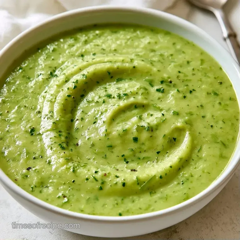 Smooth pale green soup in a minimalist white bowl on a wooden table with a toasted baguette slice on the side.