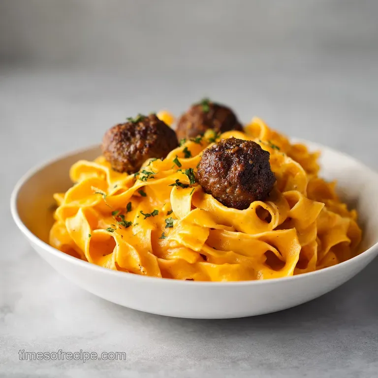 Swirls of creamy orange sauce and browned meatballs served in a white bowl with a sprinkle of fresh green herbs.