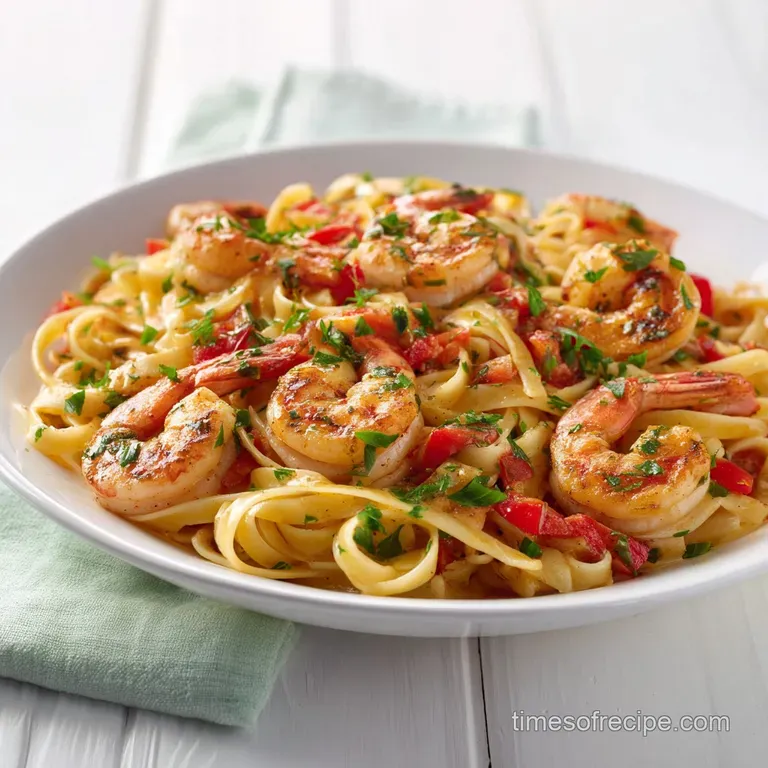 A single serving of creamy Cajun shrimp pasta artfully arranged on a white plate, garnished with a sprig of cilantro.
