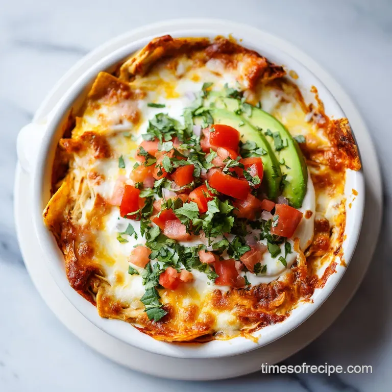 Creamy chicken enchilada dip in a rustic bowl, garnished with fresh cilantro and a swirl of sour cream.