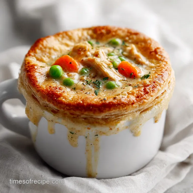 A rustic bowl filled with steaming chicken pot pie soup, topped with a flaky pastry crust.