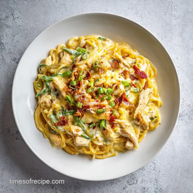 A generous swirl of creamy chicken spaghetti artfully plated, garnished with vibrant parsley.