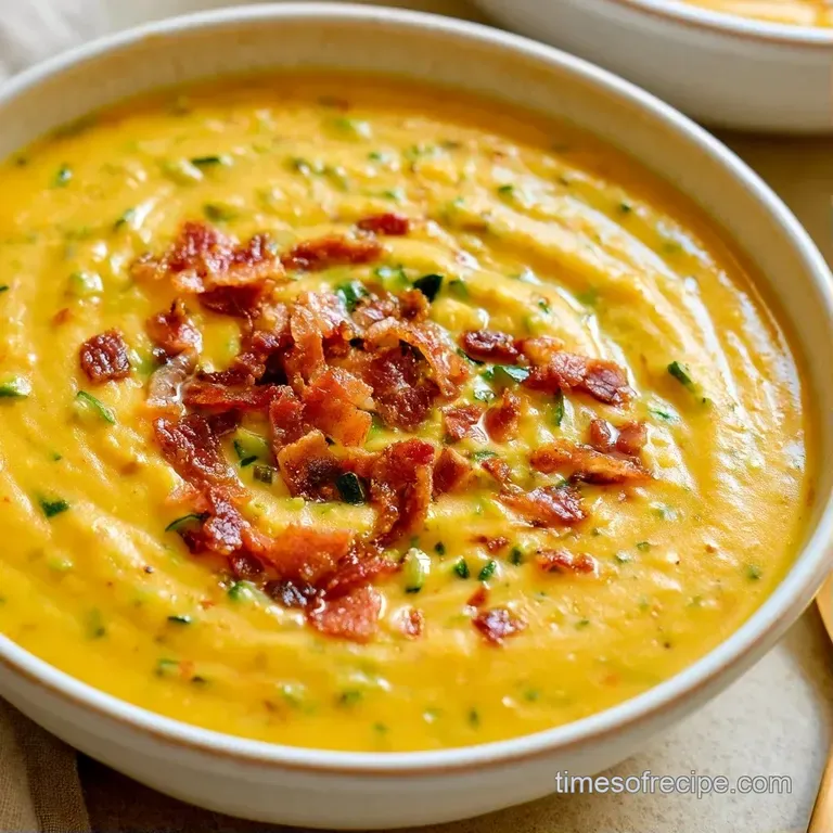 Elegant bowl of pale yellow puree with a swirl of cream, fresh green herbs, and crispy bacon on a slate platter.