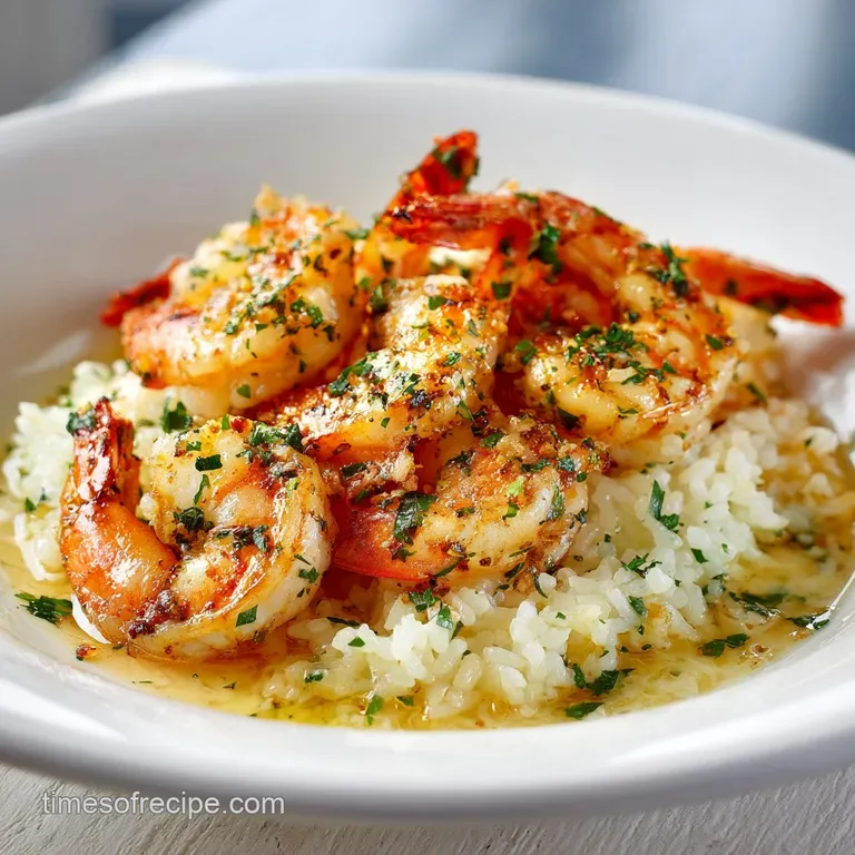 Creamy garlic shrimp artfully arranged over rice. Glistening sauce pools around the base. Garnish of parsley provides brig...