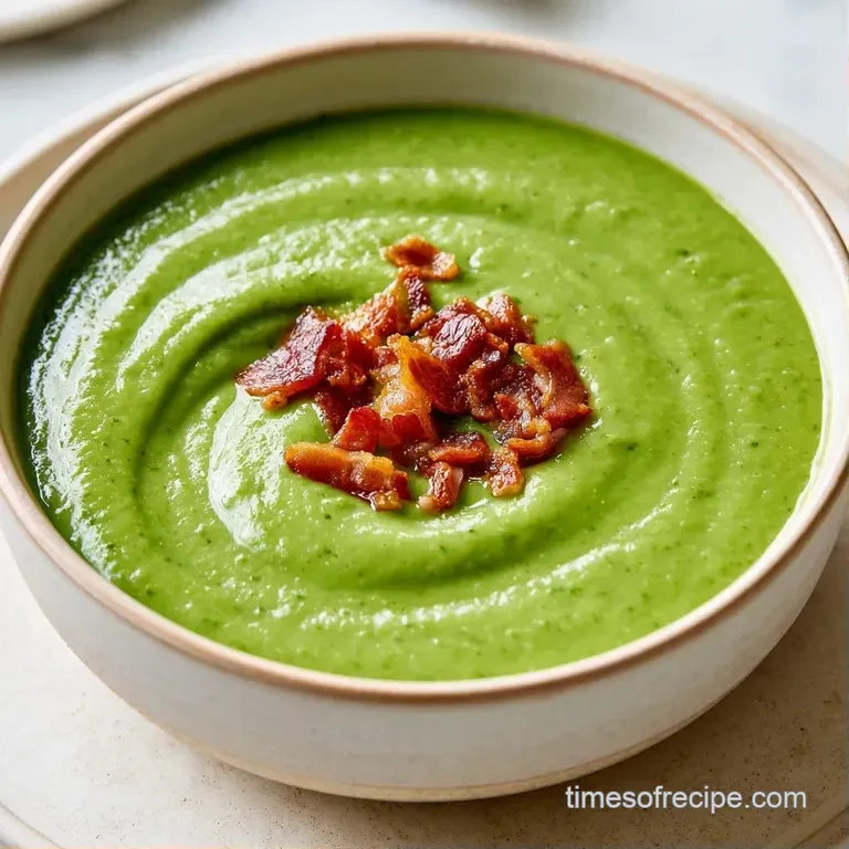 Elegant white bowl of smooth pale green puree garnished with crispy brown bacon and a fresh sprig of thyme.