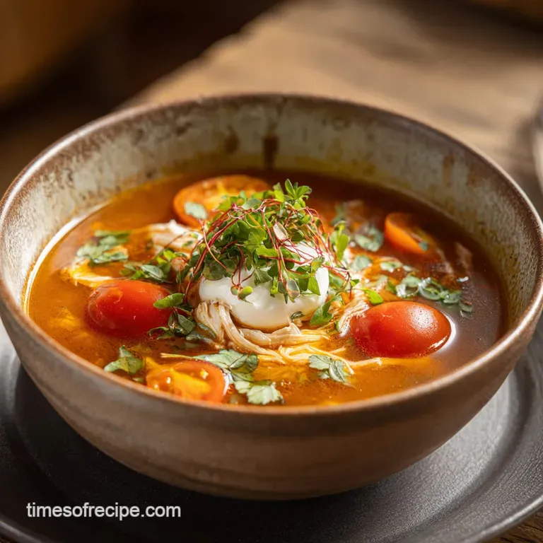 Steaming bowl of 'Marry Me' chicken soup. Garnished with fresh parsley, dollop of cream. Rustic, inviting presentation.