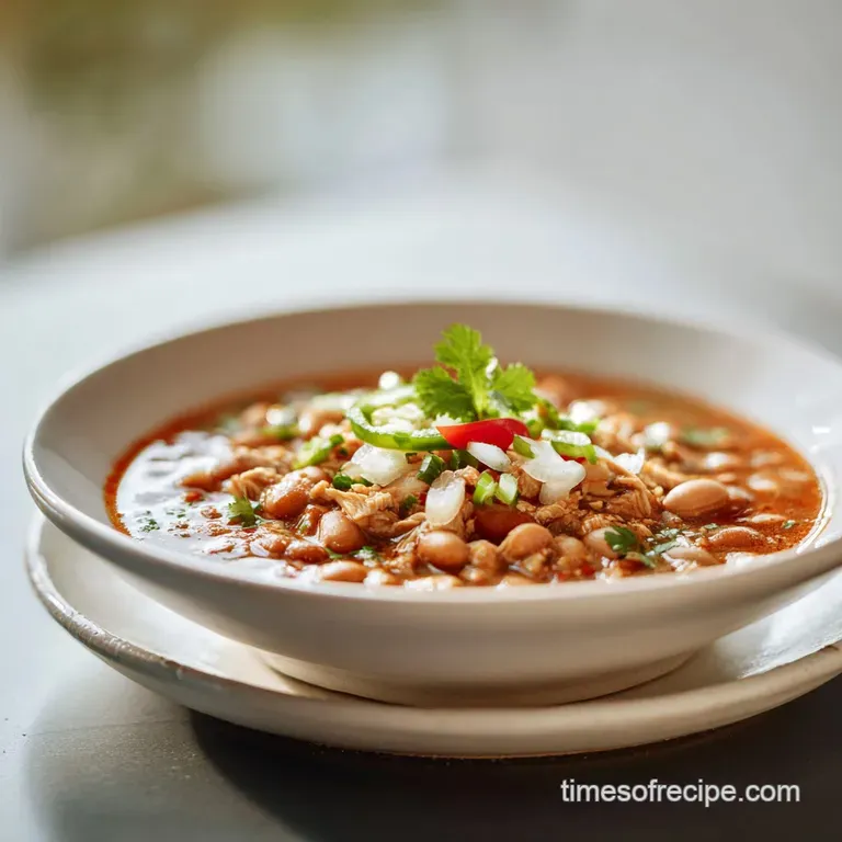 A comforting bowl of slow-cooked chili, garnished with a dollop of sour cream and fresh green onions.