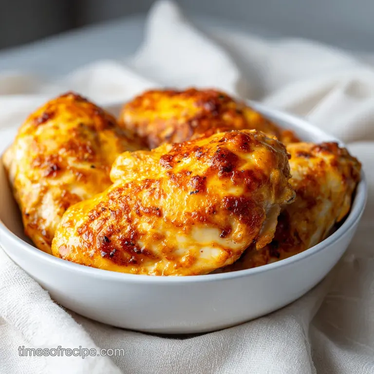 Plump, oven-baked chicken thighs glistening in a rich sauce, garnished with parsley.