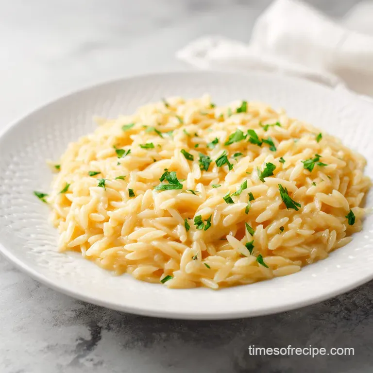 A swirl of pearly orzo with melted Parmesan; parsley garnish on a white plate shows texture and a homemade comfort.