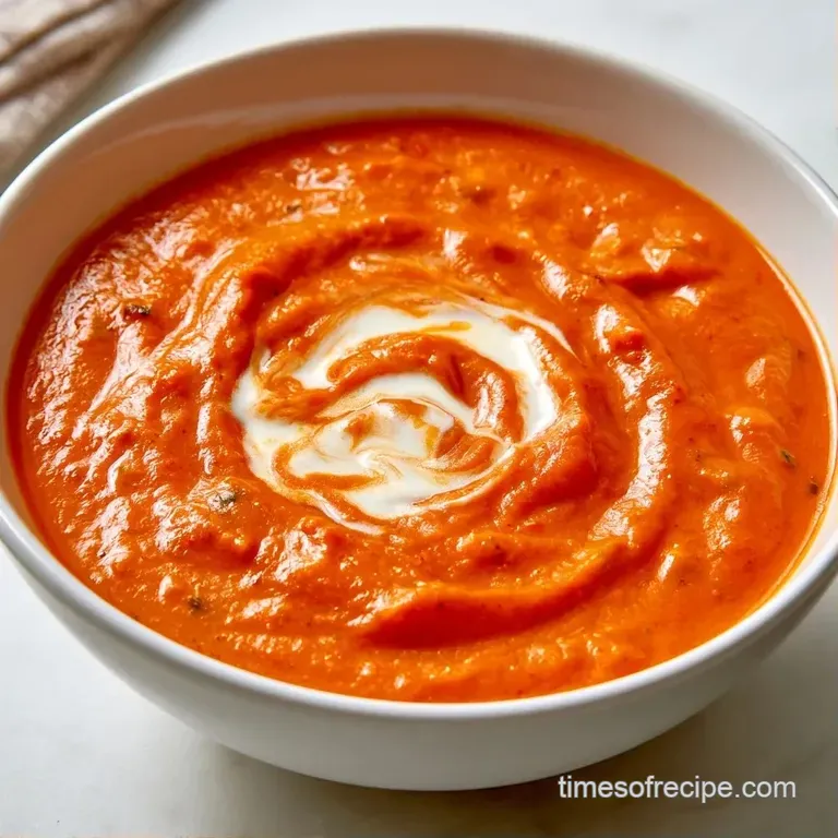 Vibrant orange soup in a white bowl next to a slice of toasted sourdough and a linen napkin on a wooden table.