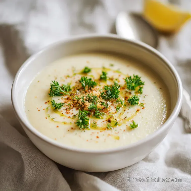 Elegant bowl of roasted cauliflower soup; a velvety smooth texture, garnished with vibrant green chives and a drizzle of g...