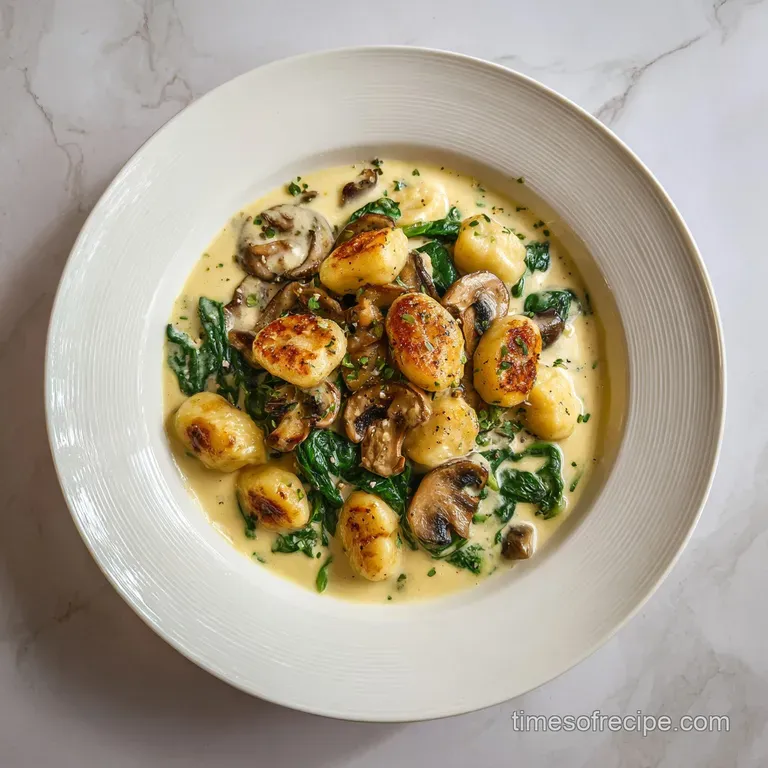 Soft potato dumplings and saut&eacute;ed mushrooms in a creamy sauce, plated in a white bowl with fresh parsley garnish.