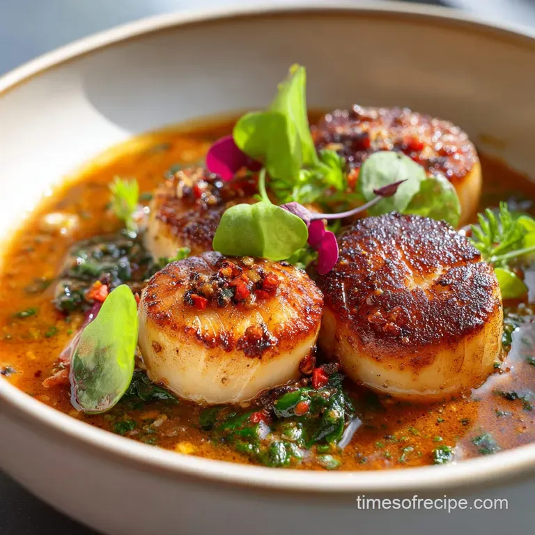 Elegant plate featuring perfectly seared scallops swimming in a luxurious sauce, garnished with fresh herbs for a pop of c...