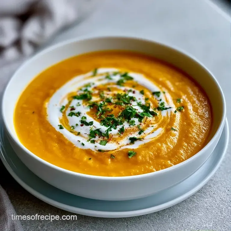 Pair of elegant white bowls filled with smooth gold soup, garnished with fresh herbs and crusty toasted bread.