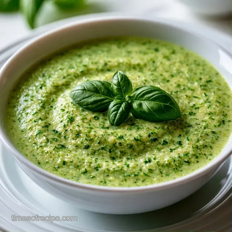 A white ceramic bowl of smooth pale green soup on a rustic wooden table beside a piece of toasted crusty bread.