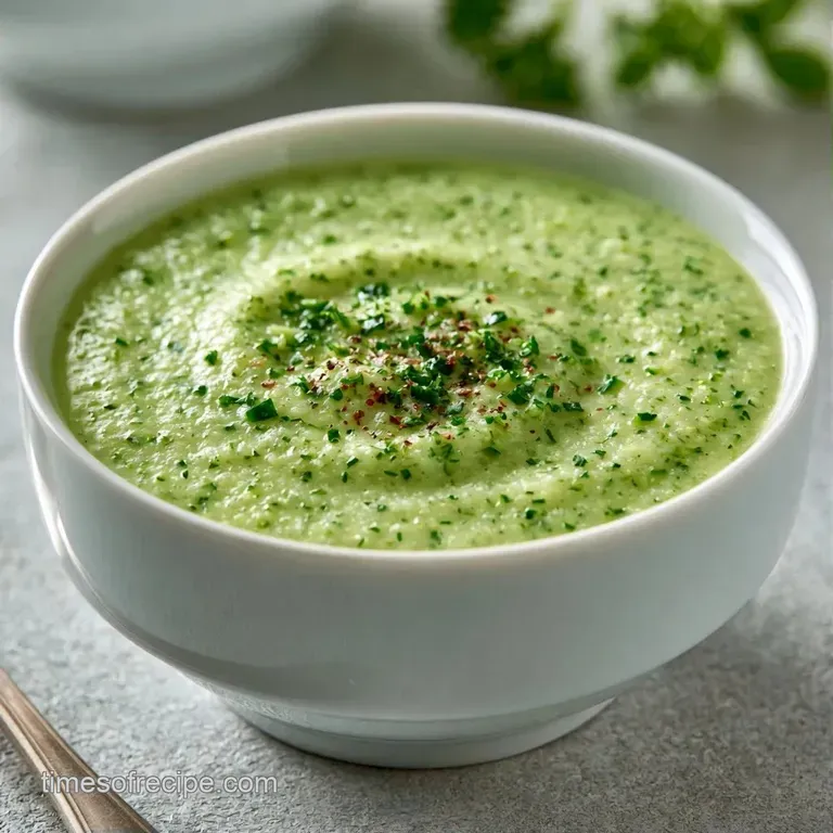 A pale green velvety soup served in a ceramic bowl beside a slice of toasted sourdough bread on a linen napkin.